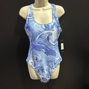 Nicole Miller Blue Tropic swirl print,scoop neck,racerback one piece swimsuit